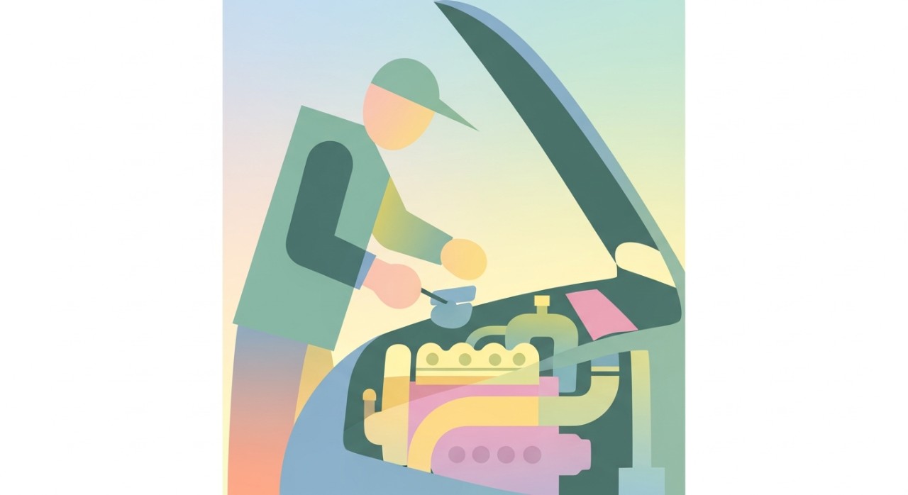 Seorang mekanik sedang memeriksa dan membaiki enjin kereta.