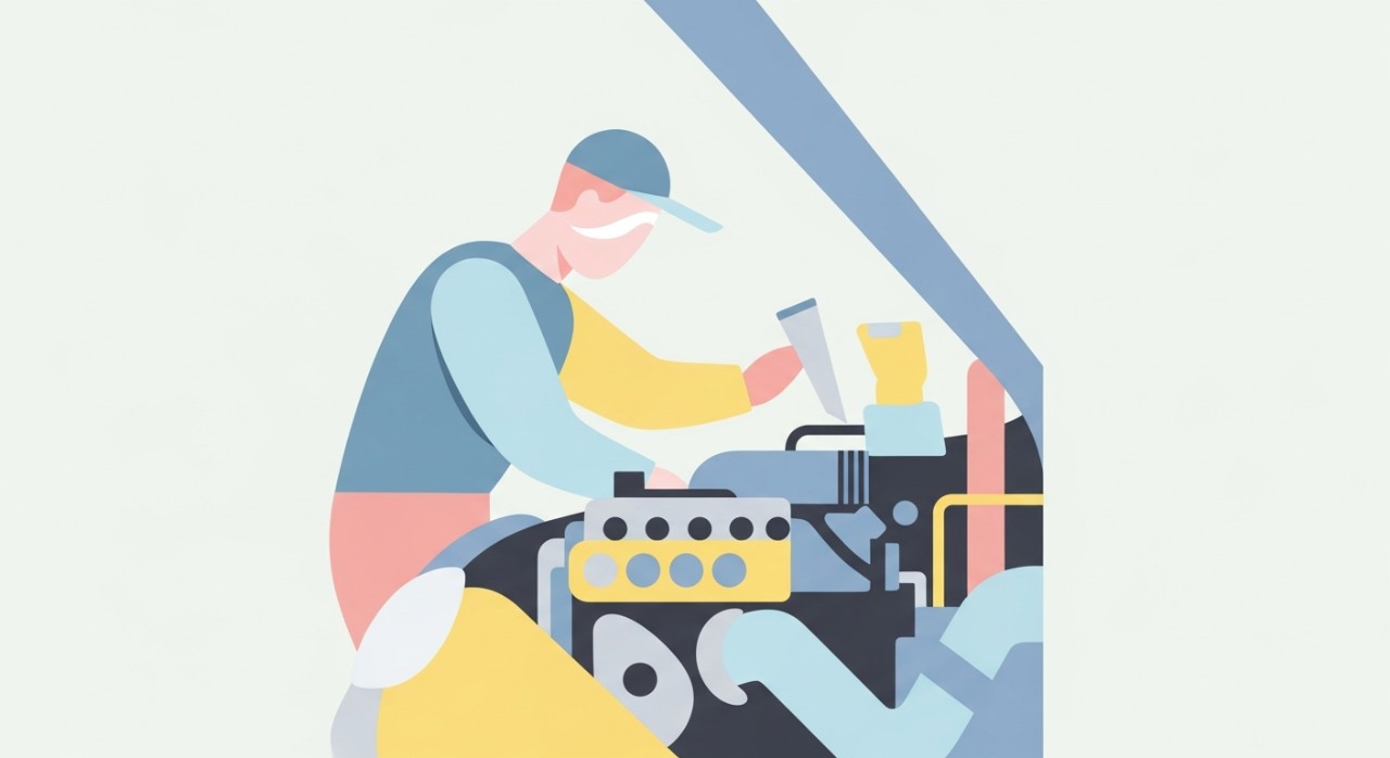 Seorang mekanik sedang memeriksa enjin kereta dengan teliti.