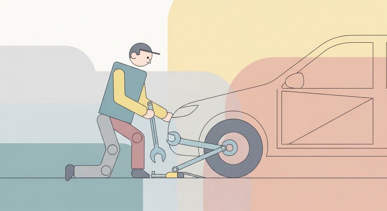 Seorang mekanik sedang menukar tayar kereta menggunakan alatan.