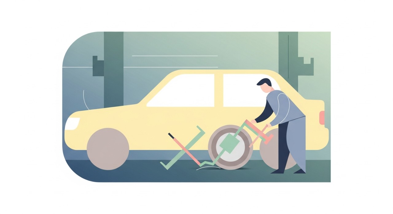 Seorang mekanik sedang memeriksa dan menyesuaikan penjajaran roda kereta.