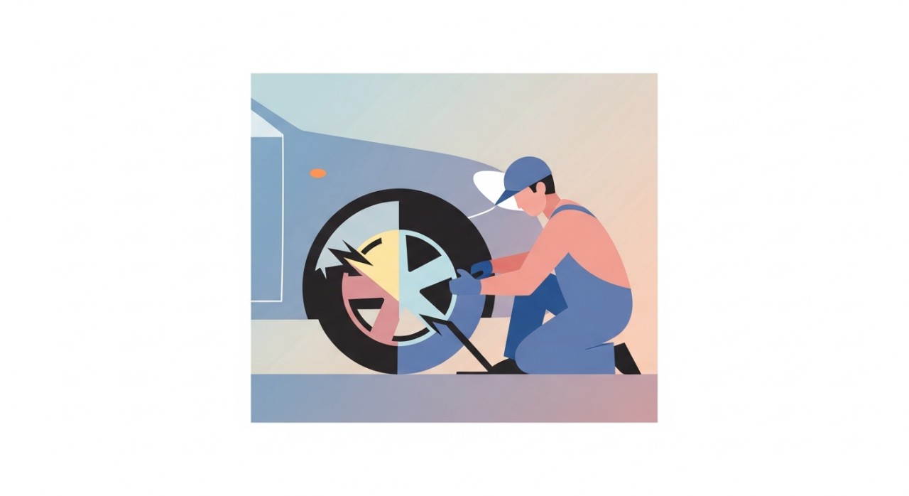 Seorang mekanik sedang menukar tayar kereta yang rosak.