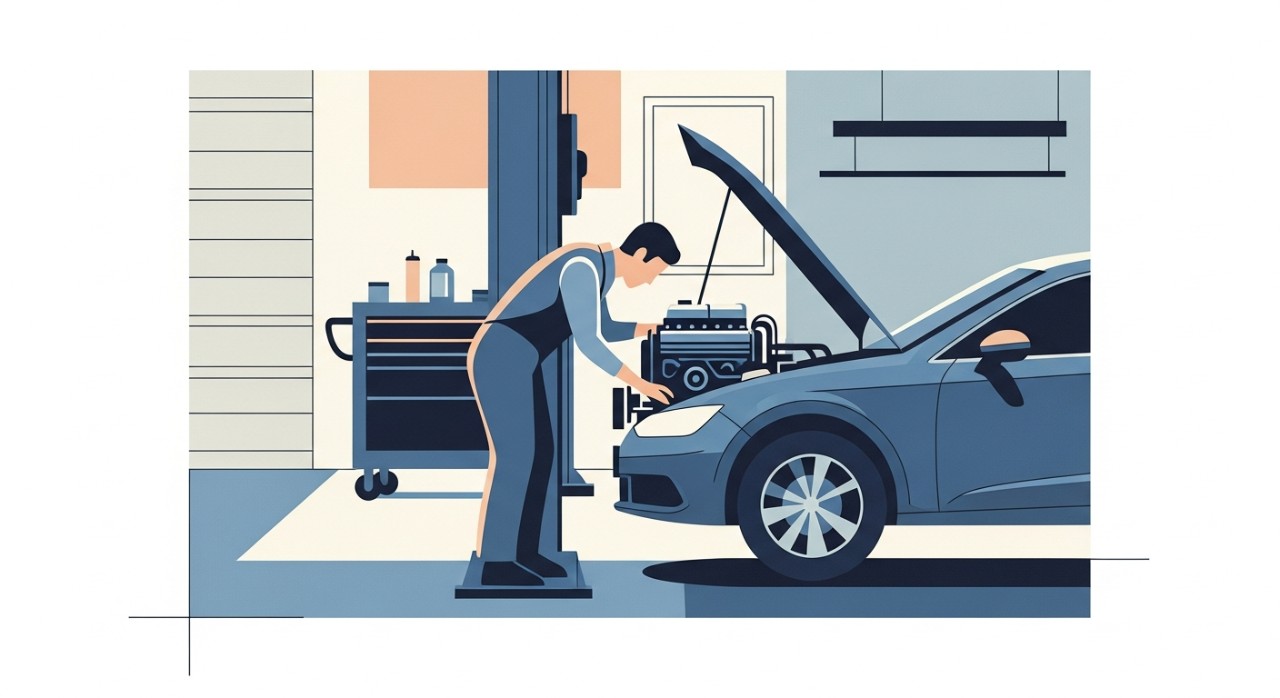 Seorang mekanik sedang memeriksa enjin kereta dengan teliti di dalam bengkel.