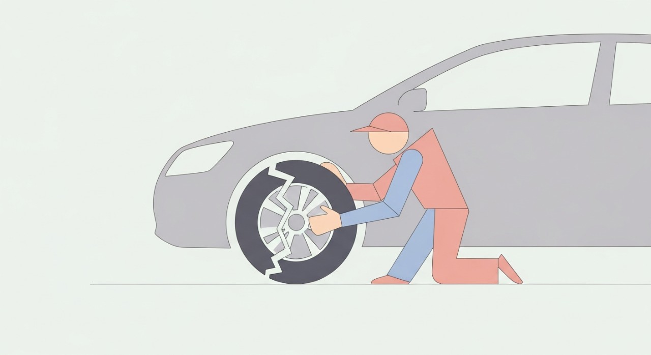 Seorang mekanik sedang menukar tayar kereta yang rosak.