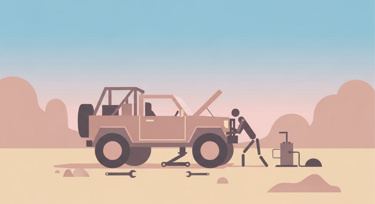 Sebuah kenderaan pacuan empat roda sedang diperiksa di bengkel gurun.