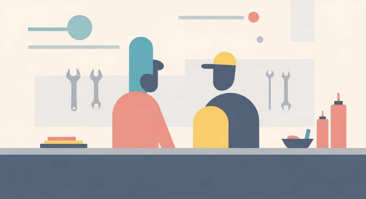 Seorang pelanggan sedang berbual dengan mekanik di kaunter bengkel.