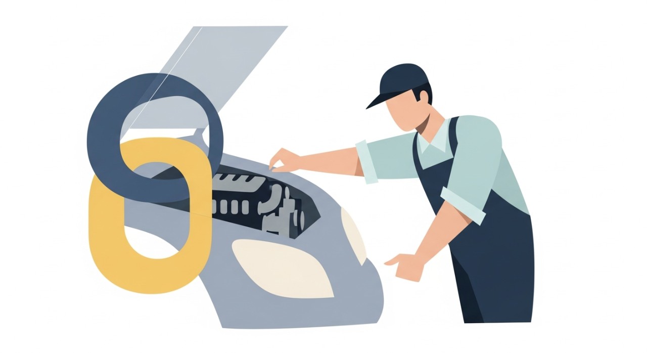 Seorang juruteknik sedang memeriksa enjin kereta dengan teliti.