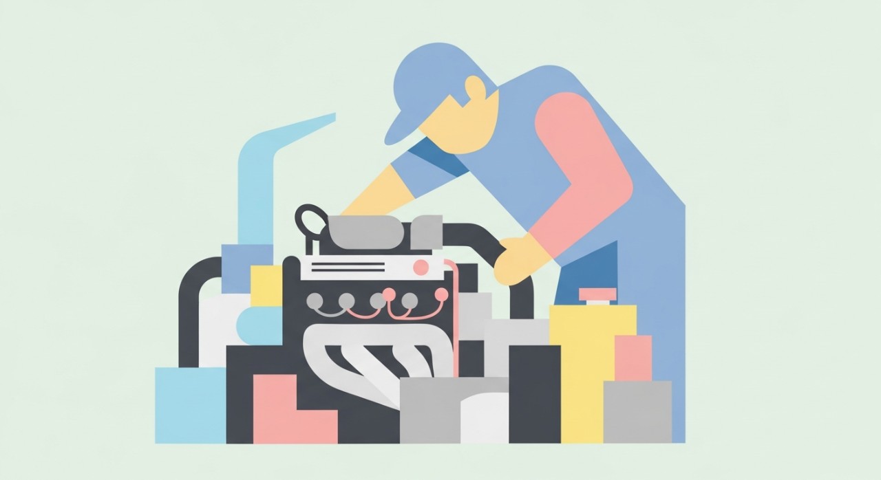 Seorang mekanik sedang memeriksa enjin kereta dengan teliti.