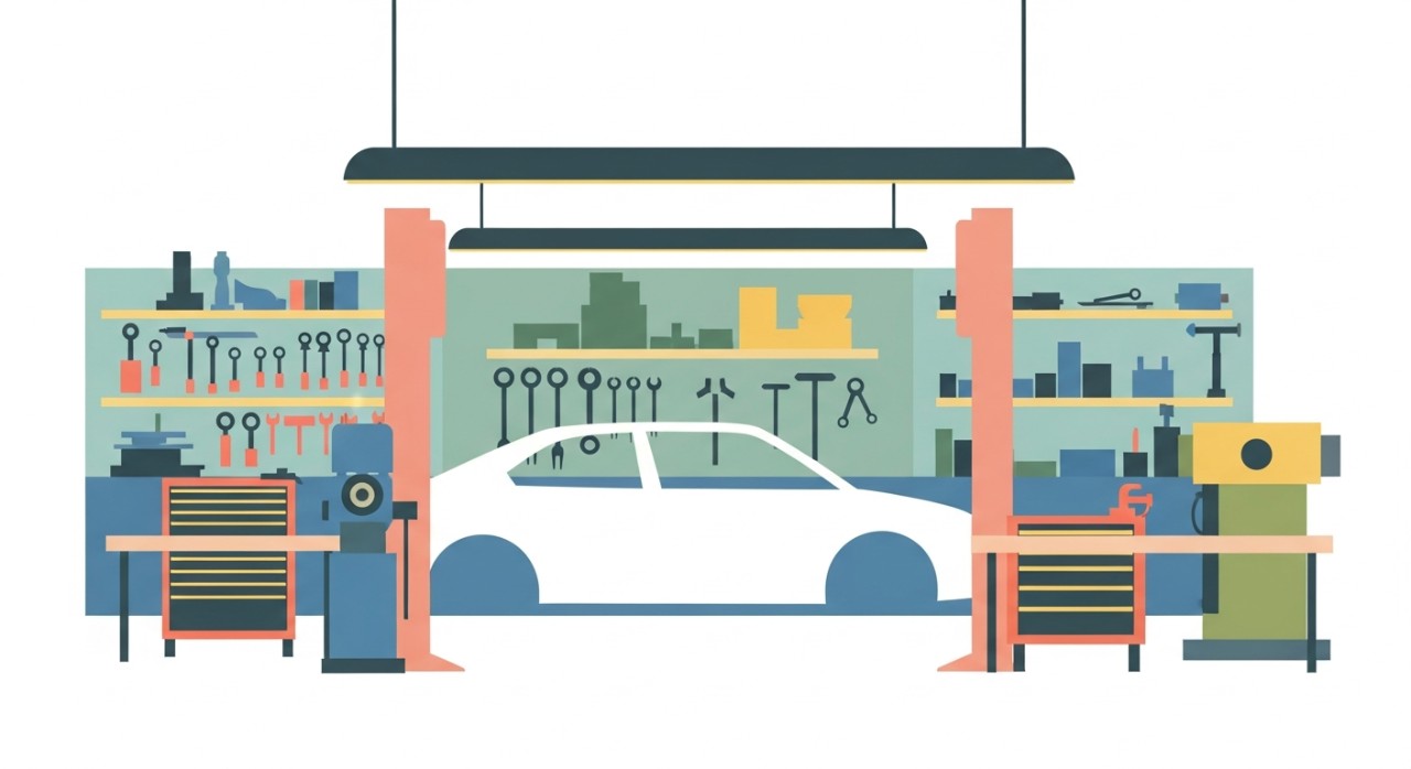 Pemandangan dalaman bengkel kereta yang tersusun rapi dengan peralatan moden.