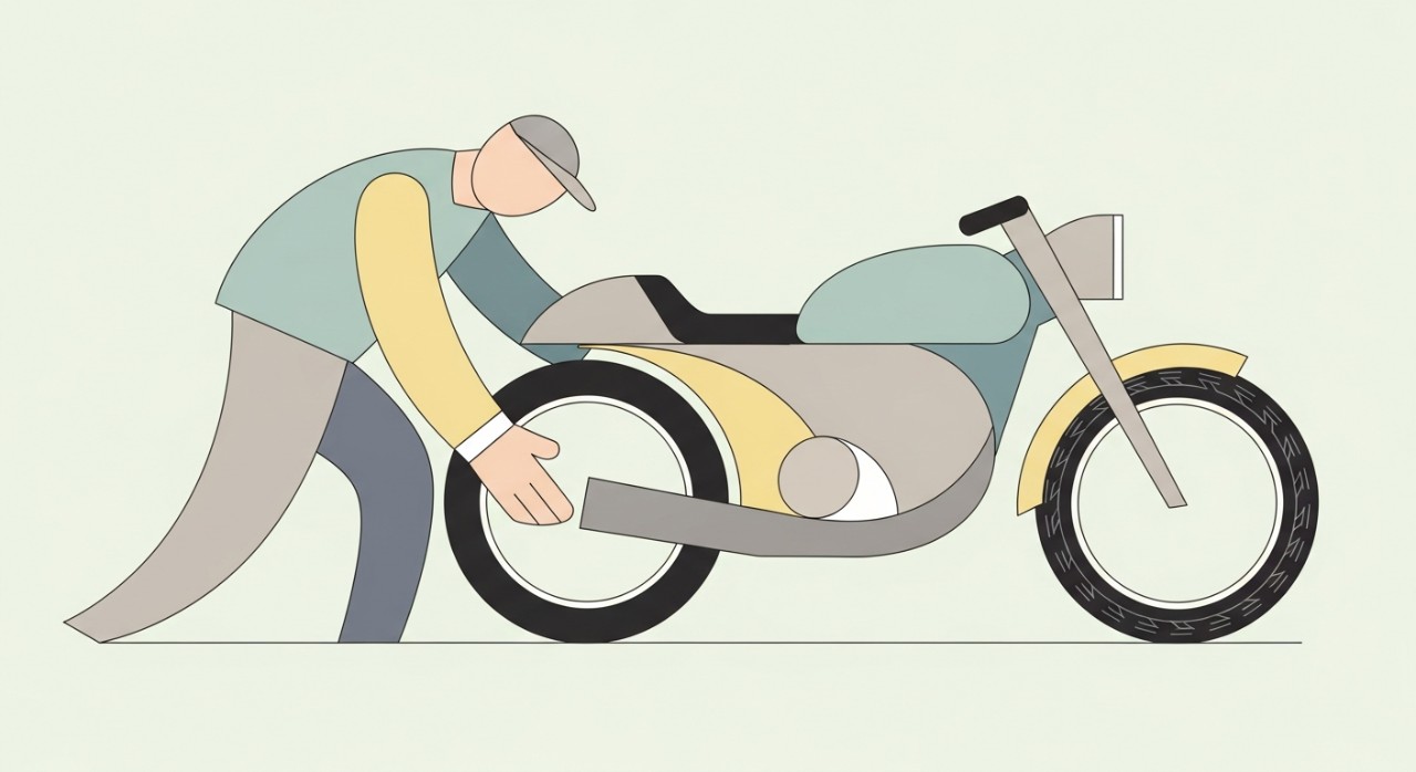 Seorang mekanik sedang memeriksa tayar motosikal dengan teliti di sebuah bengkel.