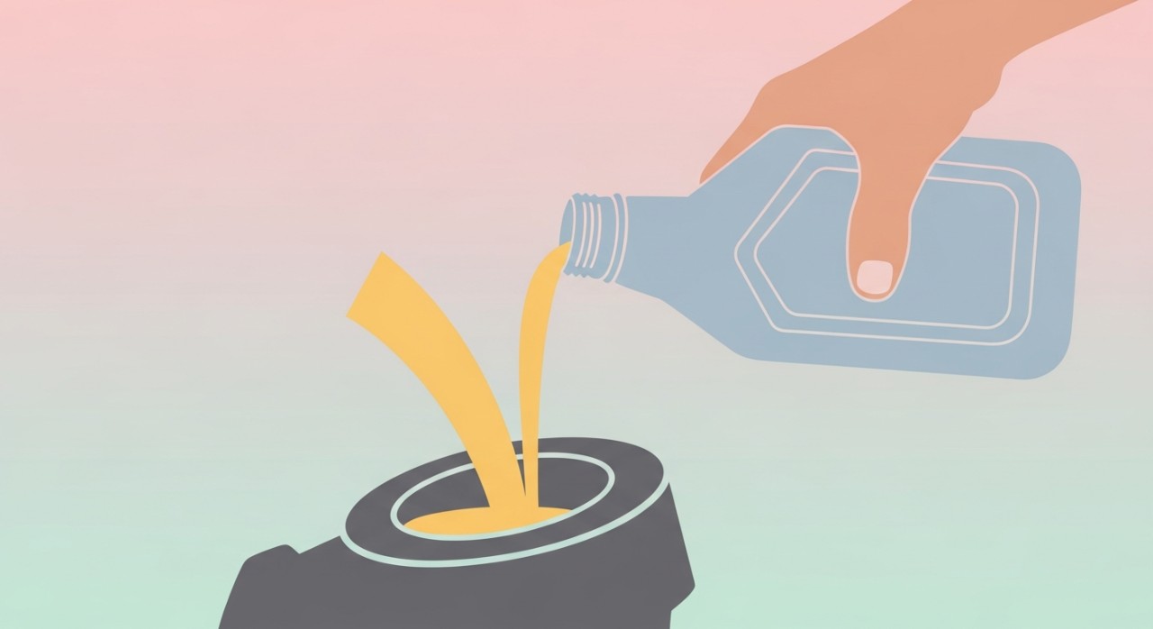 Tangan seorang mekanik sedang menuang minyak pelincir baru ke dalam tangki enjin motosikal.