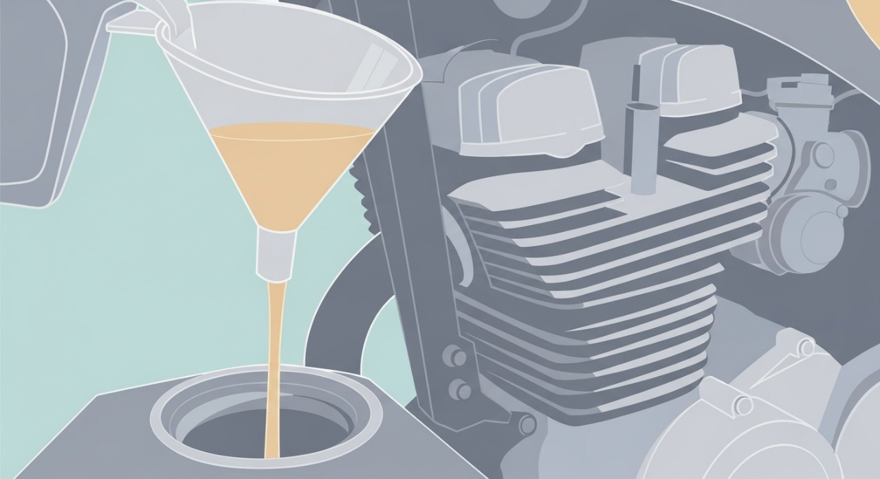 Seorang mekanik sedang menuang minyak enjin baharu ke dalam corong pada bahagian enjin motosikal.